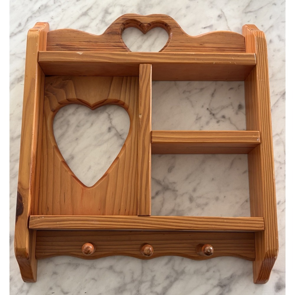 Vintage Wooden Curio Heart Cut Out Shadow Box Country Cottage Display Shelf Pegs